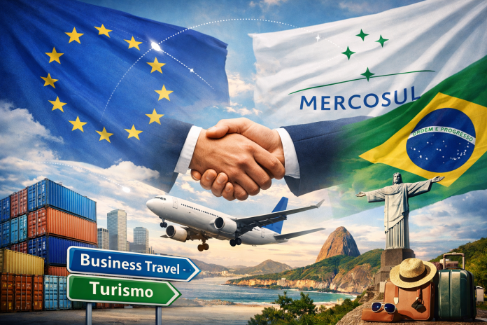 Avanço do acordo entre União Europeia e Mercosul pode gerar impactos no turismo, na aviação e nas viagens corporativas. Crédito: Gerada por IA