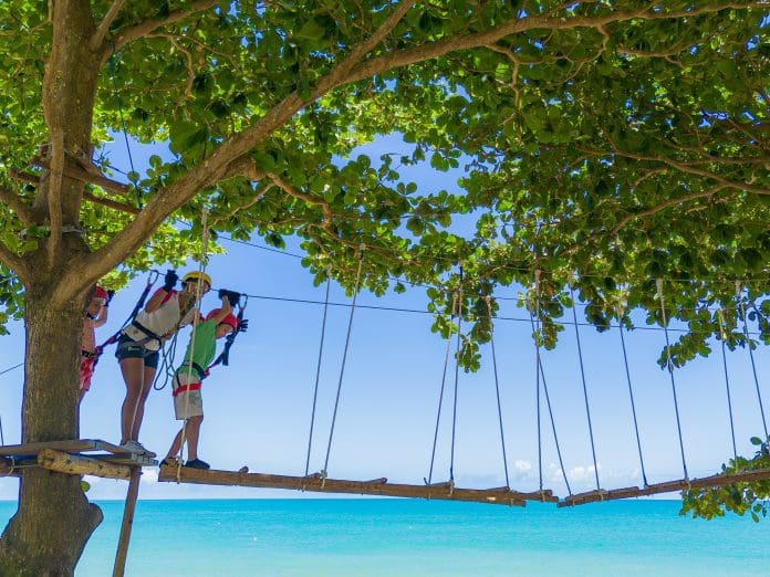 Nova trilha de arvorismo à beira-mar integra lazer, natureza e segurança no eco-clube Terrazzo Al Mare, em Porto Seguro. Crédito: Divulgação/Arcobaleno Resort & Convention